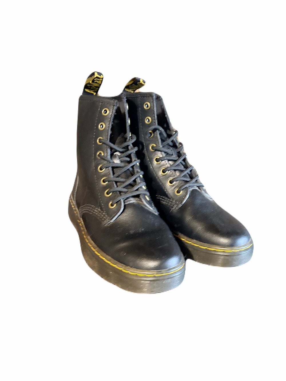Dr. Martens Black Leather Lace-Up Platform Boots with Yellow Stitching